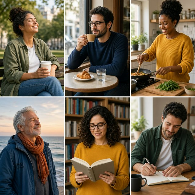 A realistic multi-panel composition with 4–7 panels, each depicting an adult enjoying a wonderful day in a distinct everyday setting. — Grok Imagine Image 2