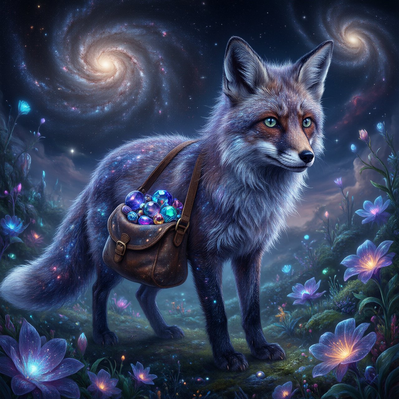 A celestial fox made of stardust and nebulae, carrying a satchel overflowing with glowing cosmic jewels, journeys through an ethereal dreamscape. Swirling galaxies and bioluminescent flora fill the background. The scene is rendered in a surreal, photorealistic style, emphasizing intricate details and a sense of infinite wonder. — Qwen Image 3.0