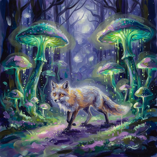 A solitary fox with fur like molten moonlight walks through an ethereal forest. Towering, bioluminescent fungi illuminate the path, casting an otherworldly glow. The style is reminiscent of early 20th-century magical realism, with bold, gestural brushstrokes akin to abstract expressionism, and a watercolor-like diffusion of light. — Model 6