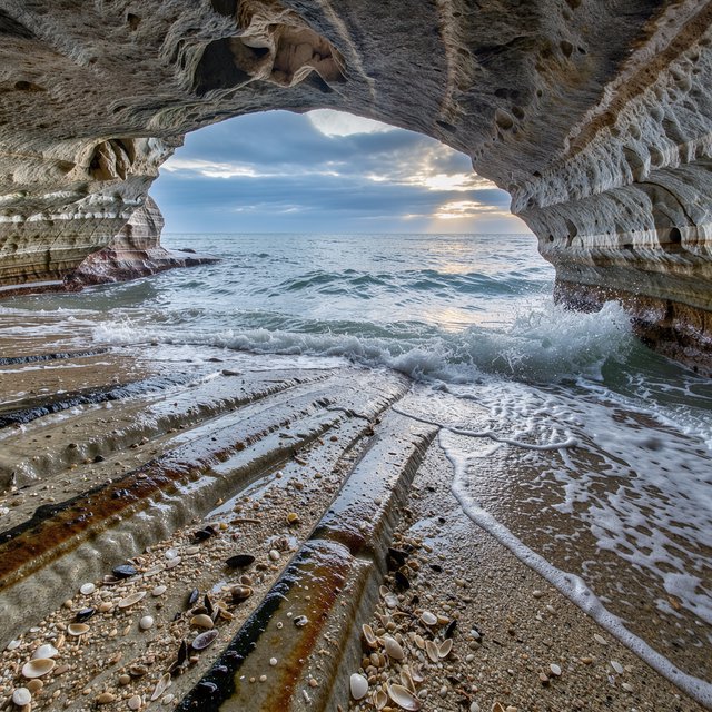 Inside a blue-grey sea cave, incoming swells curl over ribbed limestone beneath a clearing rain squall in late afternoon; wet mineral bands and shell fragments sharpen the entrance ledge, while the cavern mouth frames hazy open water. — FLUX 3 Image