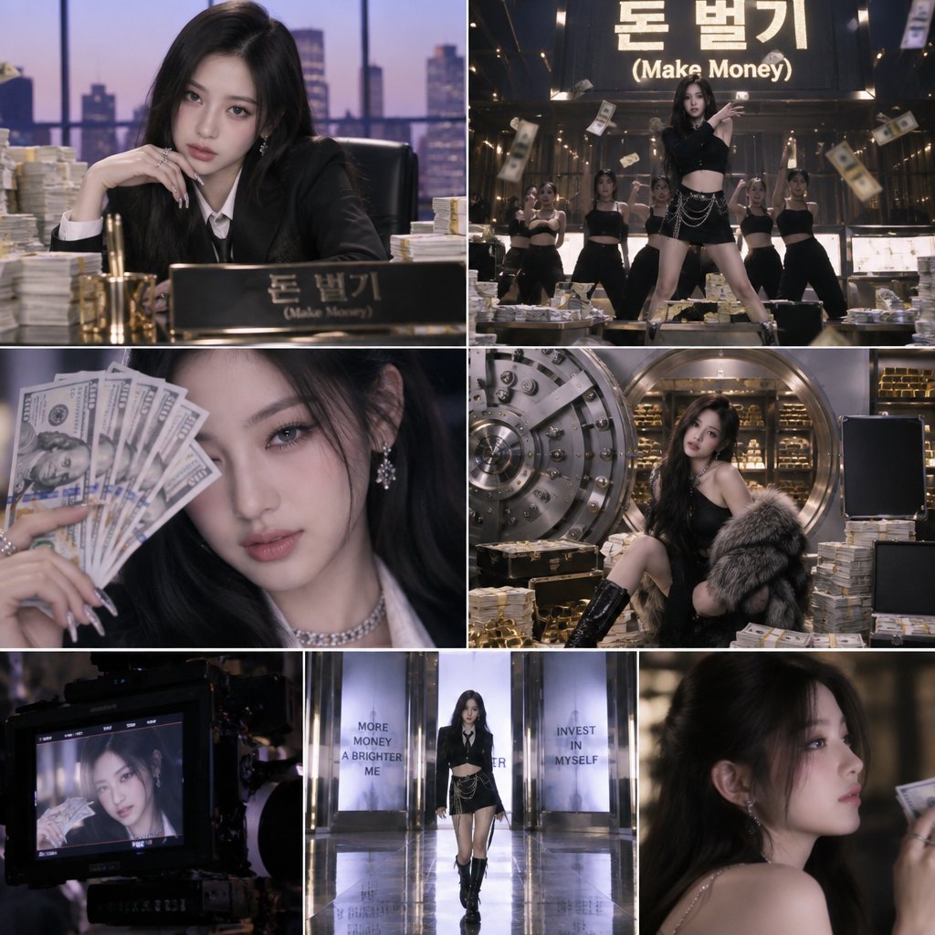 A pretty K-pop idol who is 19–21 years old at a music video shoot. The music video is for her hit song "돈 벌기" (Make Money). The setting of the music video relates to the song name. At least 4 scenes and many angles. — GPT Image 2.5 Sunburst