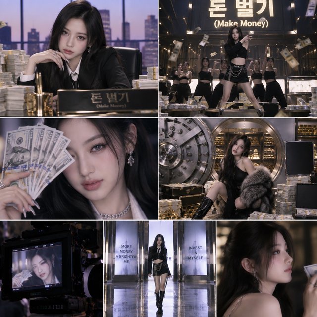 A pretty K-pop idol who is 19–21 years old at a music video shoot. The music video is for her hit song "돈 벌기" (Make Money). The setting of the music video relates to the song name. At least 4 scenes and many angles. — GPT Image 2.5 Sunburst