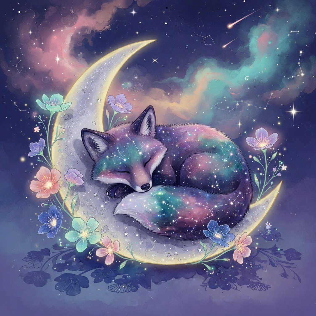 A miniature, intricately detailed fox crafted from living constellations, curled asleep atop a crescent moon. Surrounding it are delicate, bioluminescent flowers that pulse with gentle light, casting intricate shadows. The background is a deep indigo sky filled with swirling nebulae and distant, twinkling stars. The overall aesthetic is dreamlike and whimsical, with a painterly finish and a touch of cosmic wonder. — Grok Imagine Image Quality