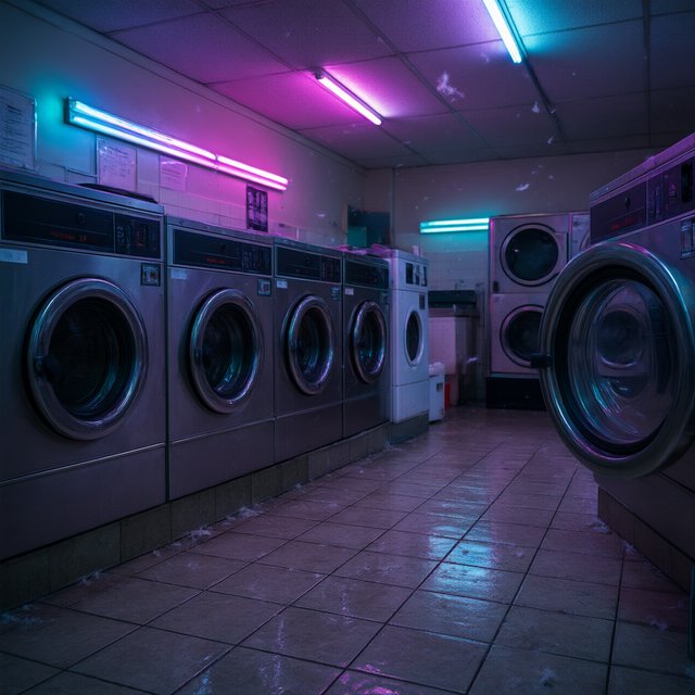 Neon washes a nearly empty overnight laundromat, reflections trembling across tiled floor and spinning steel drums. A handheld street snapshot under magenta and cyan tubes, shot at 35mm with moderate depth of field, catches lint drifting in the air. — Qwen Image 3.0