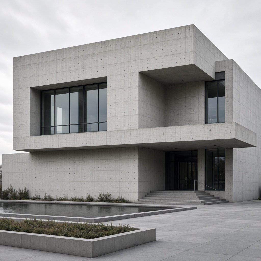 Exterior of a compact brutalist art museum, pale board-formed concrete, deep rectangular window recesses, a broad cantilevered entrance canopy, low reflecting pool, overcast afternoon light, viewed from a quiet plaza at eye level, crisp orthogonal architectural photography. — Grok Imagine Image 2