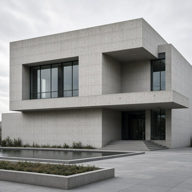 Exterior of a compact brutalist art museum, pale board-formed concrete, deep rectangular window recesses, a broad cantilevered entrance canopy, low reflecting pool, overcast afternoon light, viewed from a quiet plaza at eye level, crisp orthogonal architectural photography. — Grok Imagine Image 2