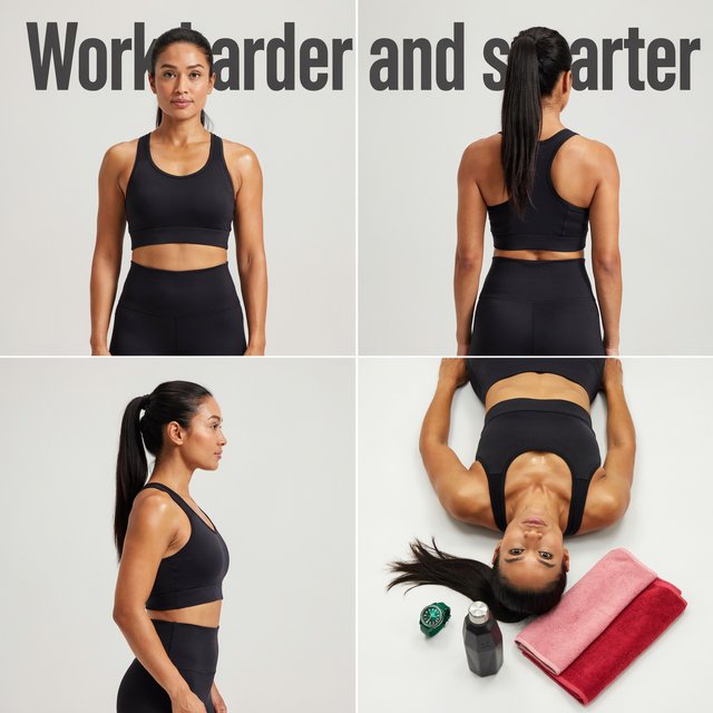 A pretty adult mixed-race woman of Korean and Black heritage, wearing fitted gym wear. Scene: a heavy workout with sweat. POV: full front, back, side, and aerial views. Near her are a unique-looking water bottle, a diamond green watch, a pink and red towel, and text in the background that says “Work harder and smarter”. — Model 7
