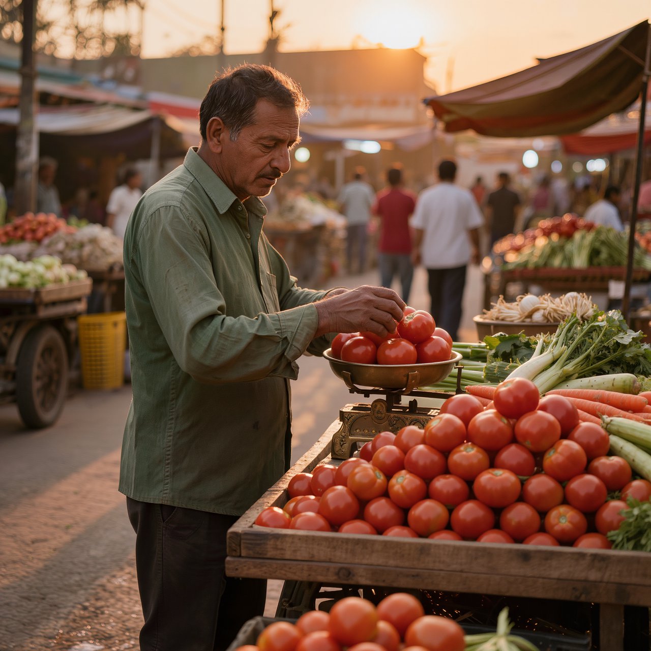 Candid street photograph of an outdoor vegetable market at golden hour, a vendor weighing tomatoes on a brass scale, shallow depth of field, 50mm lens. — Kling v3