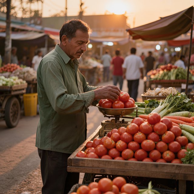 Candid street photograph of an outdoor vegetable market at golden hour, a vendor weighing tomatoes on a brass scale, shallow depth of field, 50mm lens. — Kling v3