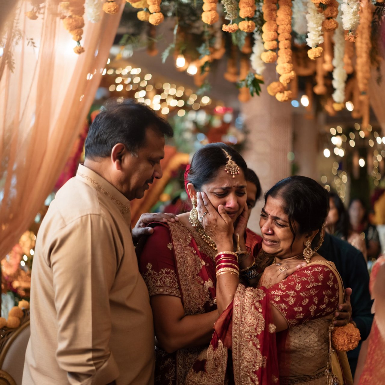 A realistic scene of an Indian wedding showing the emotions of the adult bride and her adult family members — ImagineArt 2