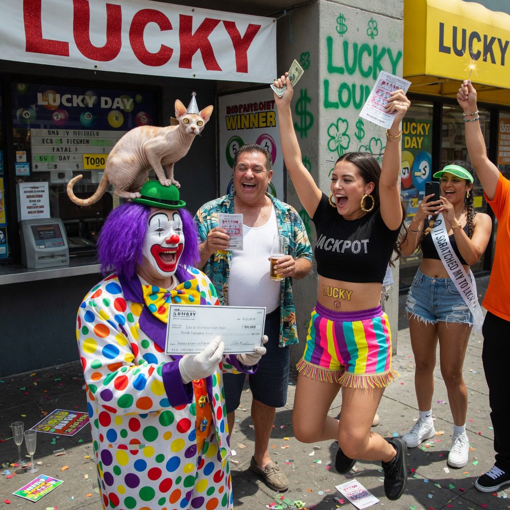 Realistic. Four to five adults having a very lucky day. One of the people is a clown with a very strange cat on their head. Another is wearing a black crop top and multicolored shorts. The word “Lucky” is seen at least twice in the background. — Grok Imagine Image Quality