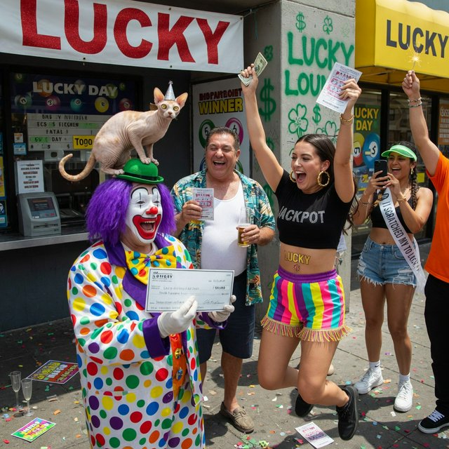 Realistic. Four to five adults having a very lucky day. One of the people is a clown with a very strange cat on their head. Another is wearing a black crop top and multicolored shorts. The word “Lucky” is seen at least twice in the background. — Grok Imagine Image Quality