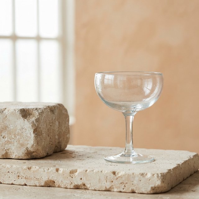 Beside a pale limestone block, an unbranded handblown cocktail coupe in clear soda-lime glass catches crisp window-shaped highlights; its curved bowl bends a muted apricot backdrop under broad diffused key light and narrow cool rim lighting, commercial product image, no lettering. — Nano Banana 2 Lite