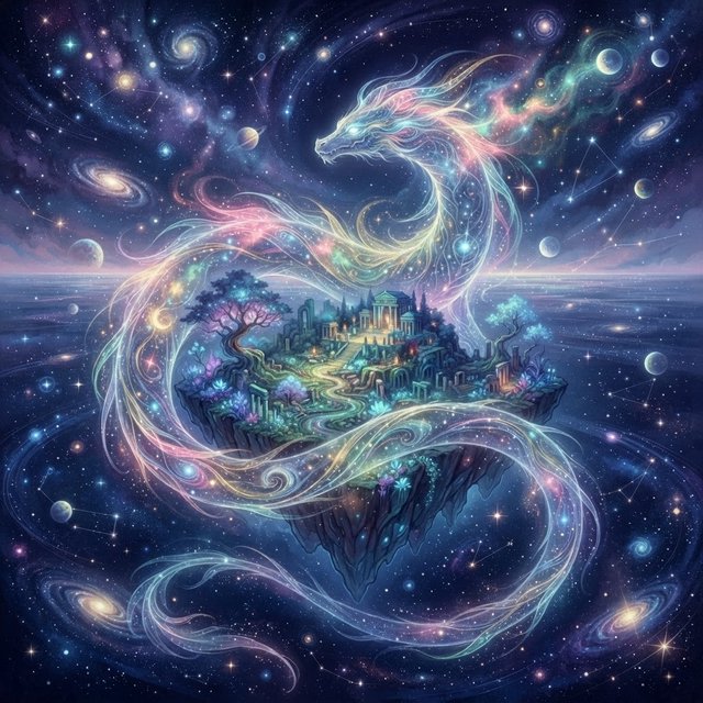 Whispers of mythic power coalesce into a spectral dragon, its form translucent and shimmering with auroral light, coiled around a floating island within a boundless celestial sea. Star-filled oceans stretch to the horizon, dotted with shimmering celestial bodies. The art style blends ethereal fantasy illustration with a subtle nod to ancient mythology, focusing on flowing lines and soft, glowing colors. The atmosphere is one of profound mystery and ancient magic. — Nano Banana 2 Lite