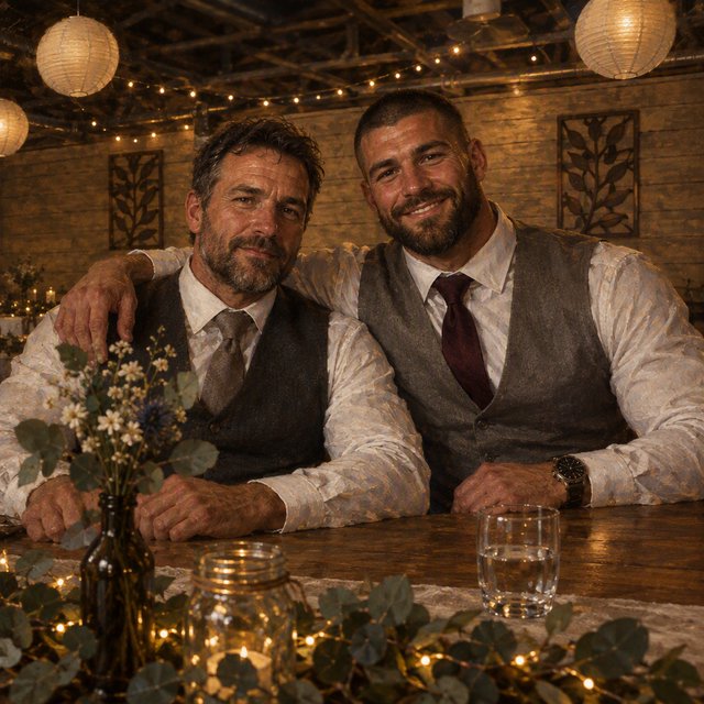 (Character1: rugby player body type, tall, brunet male, age 30, buzzcut hair and neatly groomed matching beard). Medium eye-level shot, photorealistic, two men seated at a wooden banquet table: the left middle-aged man wears a white dress shirt, charcoal waistcoat, and taupe tie, with his right arm on the table; the right man, Character1, smiles directly at the camera, wearing a white dress shirt, grey waistcoat, maroon tie, and a watch on his left wrist, with his left arm draped over the first man's shoulder. In the foreground: a table runner with eucalyptus sprigs, small fairy lights, a bottle holding flowers, a glass jar, and a water glass. Background: an exposed light horizontal wood plank wall with two decorative leaf panels, an exposed industrial ceiling with hanging paper lanterns, and fairy string lights. Warm, soft ambient overhead event lighting, natural indoor venue atmosphere, shallow depth of field. Art style: dramatic painterly realism with realistic skin texture, strong chiaroscuro, slightly gritty textured brushwork, fantasy illustration mood. — GPT Image 2.5 Flare