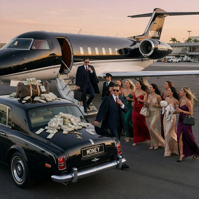 A man dressed in very nice formal clothes is getting off a private black-and-white plane. Many beautiful adult women in dresses are following the man. The man is heading toward a very high-end classic black car. The word "Money" is on the car's license plate. On top of the car is a ton of money. It is the afternoon. The vibe is cool and rich. — Grok Imagine Image Quality