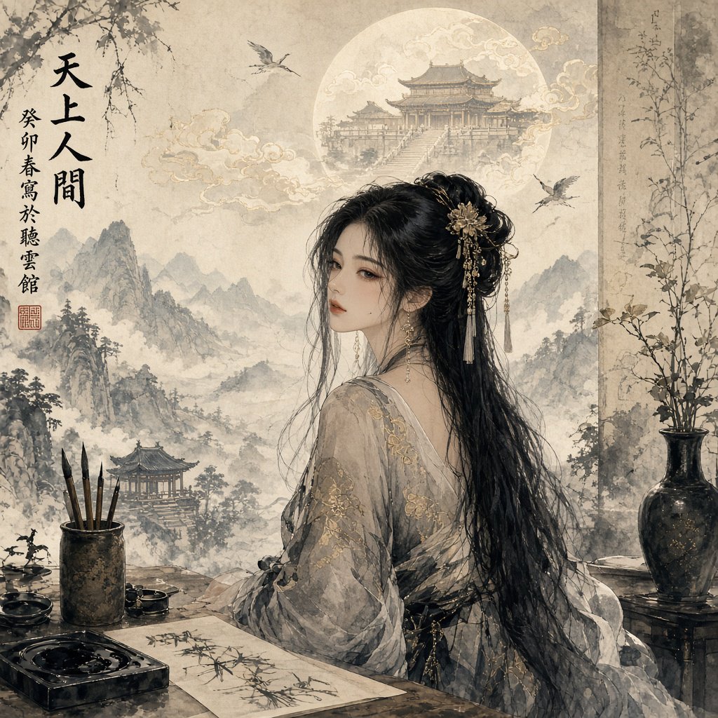 Heaven above, earth below. Ink-painting studio. Chinese painting style. Alluring. Peerless adult beauty. Radiant. — Grok Imagine Image 2