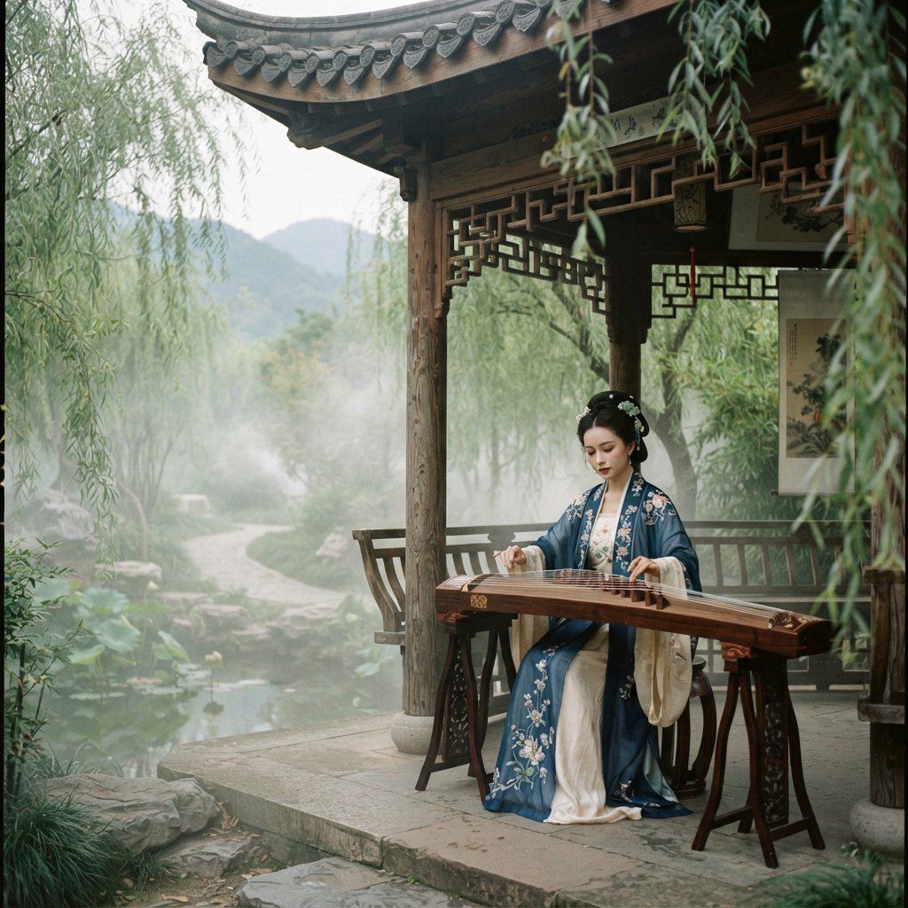 An elegant ancient Chinese lady in hanfu plays the guzheng in a quiet garden pavilion, surrounded by willow trees and mist, creating a poetic atmosphere. — Nano Banana 2 Lite
