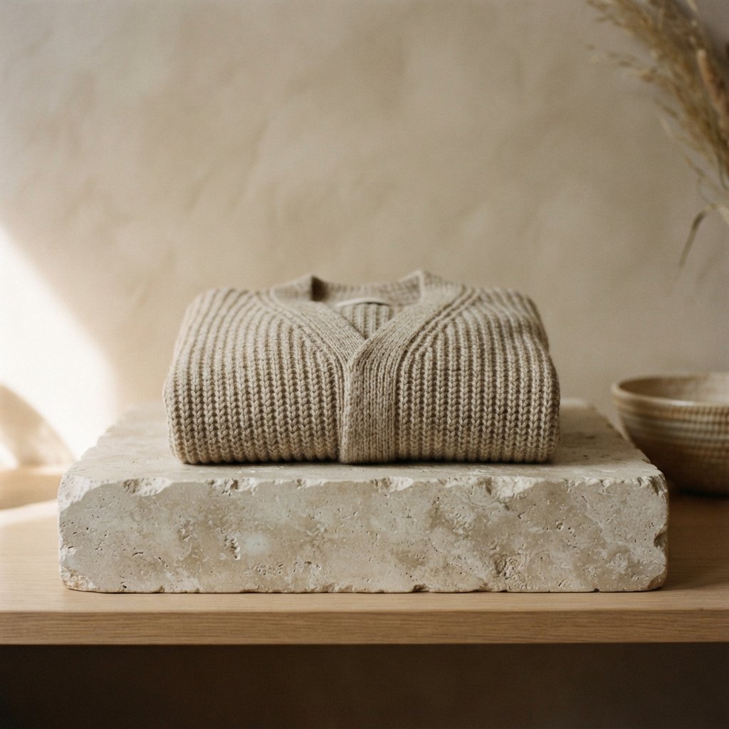 A folded unbranded merino cardigan rests on a honed limestone plinth, its chunky ribbed wool surface softly catching broad overhead diffusion and warm side bounce against a muted clay backdrop, with no tags, lettering, or graphics. — Nano Banana 2 Lite