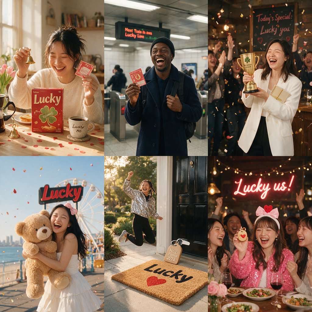 4–6 realistic scenes of people having the luckiest day of their lives. The word “Lucky” should appear at least twice in the image, and seem totally in place and seamless. The whole vibe is pretty much lucky moments that were unexpected but very welcome. — Seedream 5.0 Pro