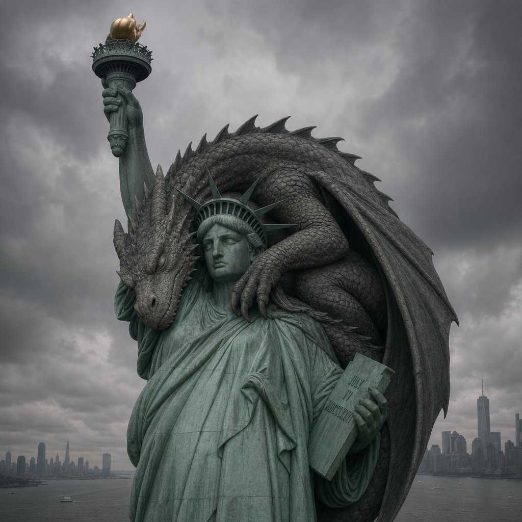 A dragon sleeping on the Statue of Liberty on a moody, overcast day. — GPT Image 2
