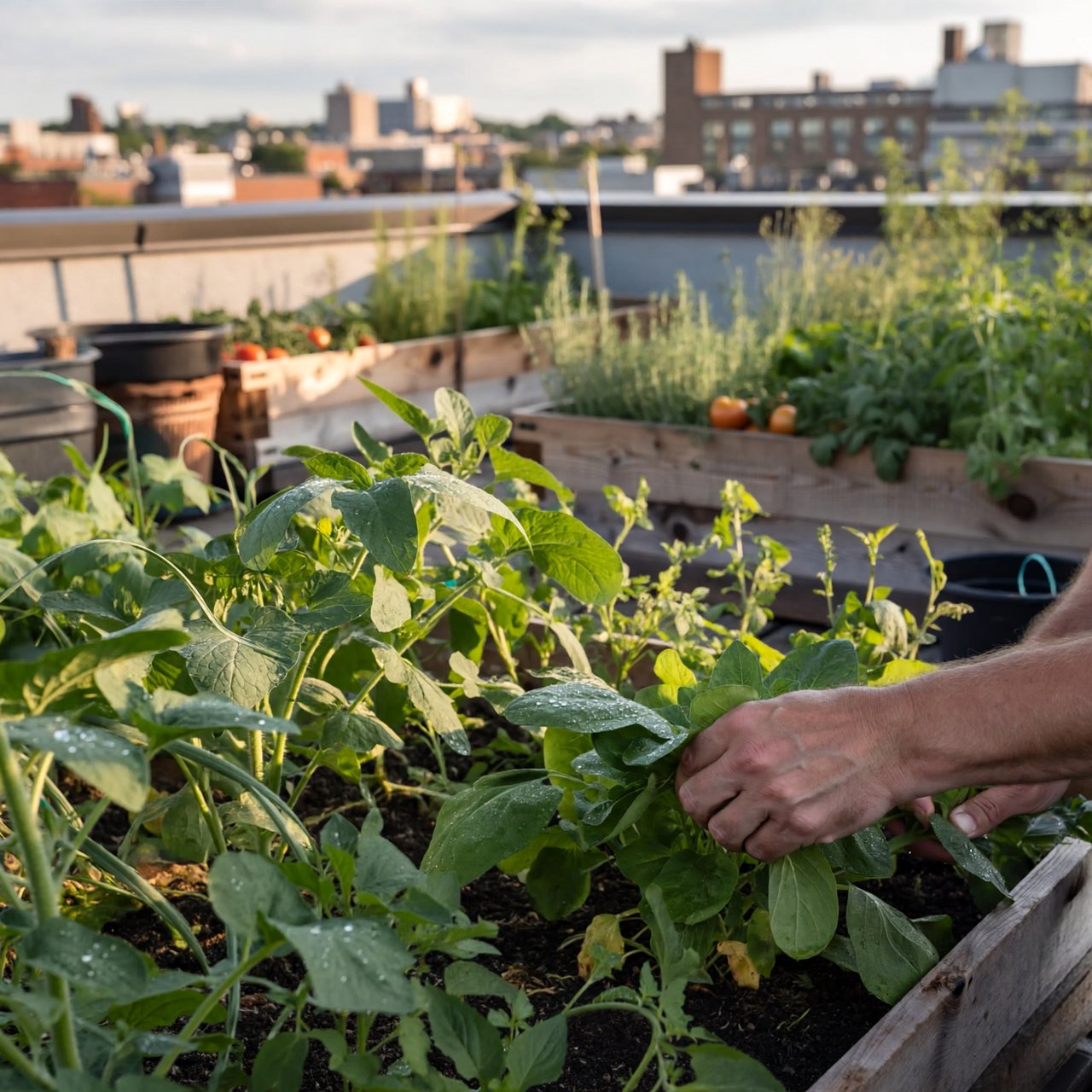 Candid documentary photograph of an adult tending a rooftop vegetable garden in the late afternoon, soft side light, 50mm lens with moderate depth of field, water droplets glinting on freshly watered leaves. — ImagineArt 2