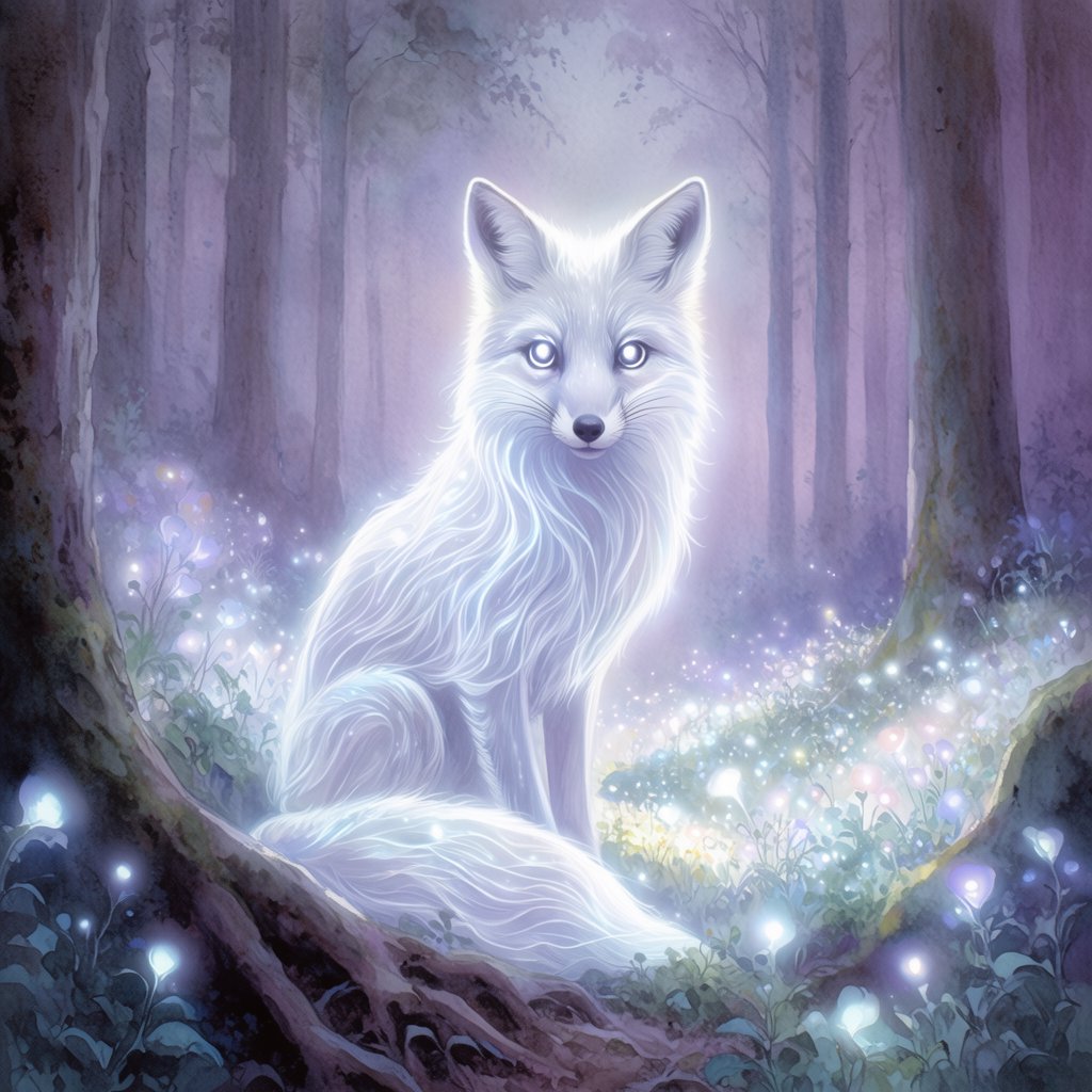 A majestic fox with fur like spun moonlight, standing in a clearing bathed in ethereal light. Bioluminescent flowers bloom around its paws, casting a soft, otherworldly glow. The scene is rendered in a detailed watercolor illustration style, with delicate brushstrokes and a muted, mystical color palette. Cinematic lighting emphasizes the magical ambiance. — Krea 2 Large