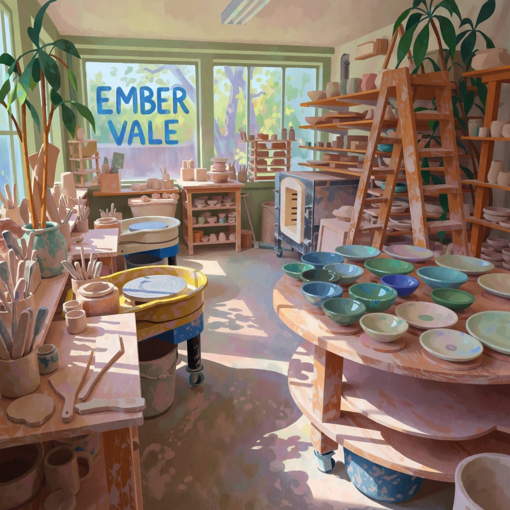 Inside a sunlit ceramics studio, glazed bowls dry beside a turning wheel and shelves of clay tools; "EMBER VALE" is painted in cobalt capitals on the front window. — Krea 2 Medium