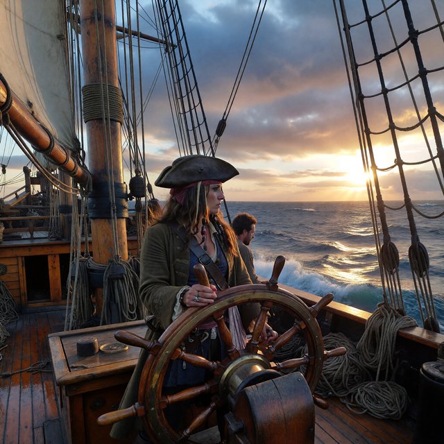 A pirate woman wearing a tricorne hat and an open coat stands behind the helmsman, scanning the horizon for danger. — ImagineArt 1.5 Pro
