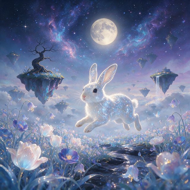 An ethereal rabbit, its fur made of shimmering moonlight, hops through a field of glowing, otherworldly flowers under a sky filled with nebulae. The landscape is dreamlike and surreal, with floating islands in the distance. The style is a delicate digital painting with fantasy elements, evoking a sense of wonder and tranquility. — Seedream 5.0 Pro