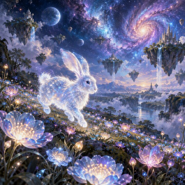 An ethereal rabbit, its fur made of shimmering moonlight, hops through a field of glowing, otherworldly flowers under a sky filled with nebulae. The landscape is dreamlike and surreal, with floating islands in the distance. The style is a delicate digital painting with fantasy elements, evoking a sense of wonder and tranquility. — GPT Image 2.5 Flare