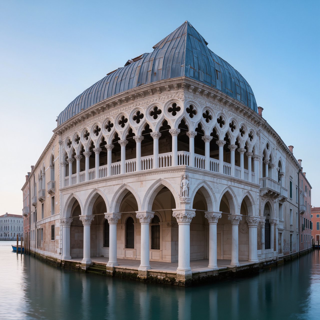 Exterior of a Venetian Gothic opera house beside a quiet canal, pale Istrian limestone, pointed arches, quatrefoil tracery, and a steep slate roof; cool morning light, viewed from across the water, crisp masonry lines and believable structure. — Kling v3