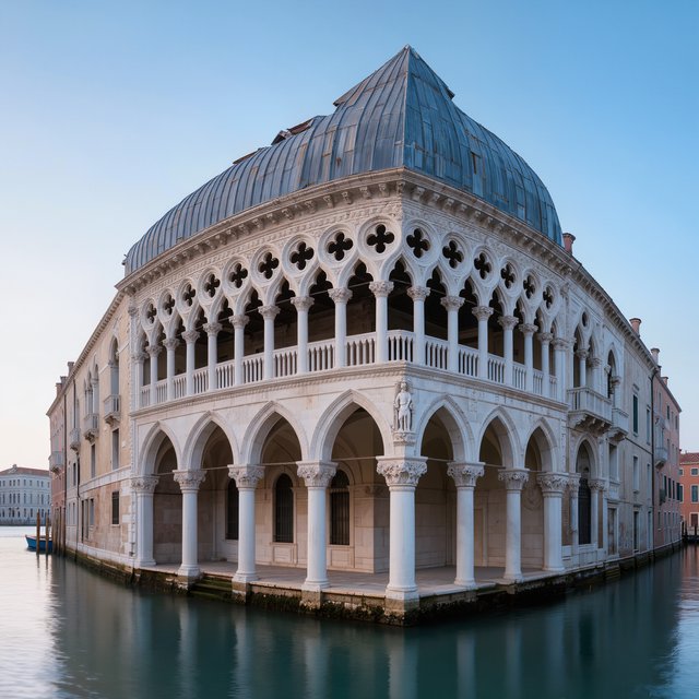 Exterior of a Venetian Gothic opera house beside a quiet canal, pale Istrian limestone, pointed arches, quatrefoil tracery, and a steep slate roof; cool morning light, viewed from across the water, crisp masonry lines and believable structure. — Kling v3