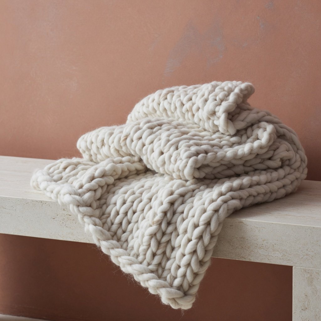 Soft folds of an unbranded chunky-knit wool throw rest on a pale travertine bench; its looped surface catches broad diffused key light and gentle side fill against a muted terracotta studio background, forming a clean commercial product image with no lettering. — Grok Imagine Image Quality
