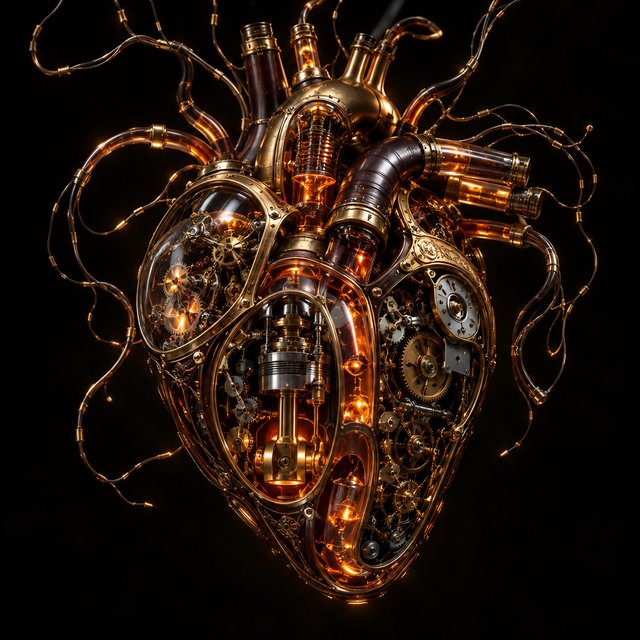A beautifully intricate mechanical heart floating alone in deep darkness, designed like an exquisite piece of horological sculpture. Its polished brass, copper, and dark steel chambers are partially open, revealing layers of tiny interlocking gears, delicate springs, pistons, and precision mechanisms within. Sections of crystal-clear glass expose deeper workings, while slender tubes carry a faintly glowing fluid through the heart like an artificial bloodstream. Tiny gears turn and pistons move, suggesting that the heart is genuinely functioning. Fine mechanical filaments curl outward like veins and arteries, catching subtle highlights from the warm inner glow. Elegant steampunk aesthetic, dramatic cinematic lighting, rich metallic textures, intricate reflections, mysterious atmosphere. — GPT Image 2.5 Flare