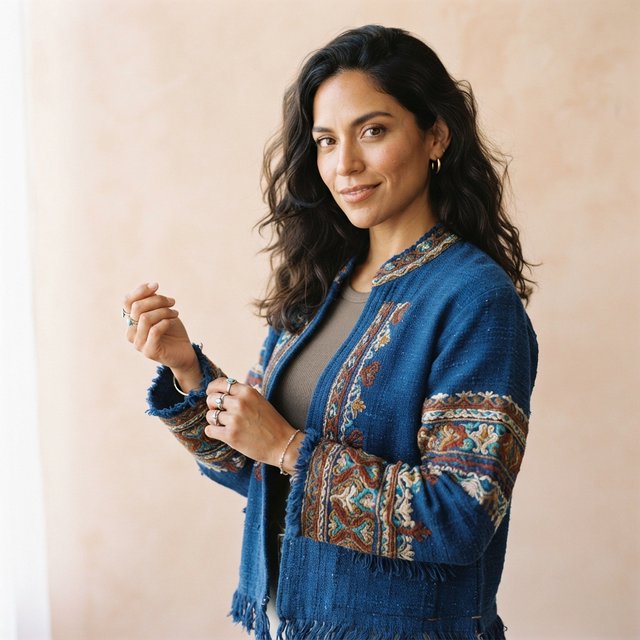 Fashion portrait of an adult Latina woman in her late 20s wearing a handwoven cobalt-blue cotton jacket, one hand touching its embroidered cuff, curious half-smile, against a pale peach studio backdrop, soft diffused window light shaping her face. — Nano Banana 2 Lite