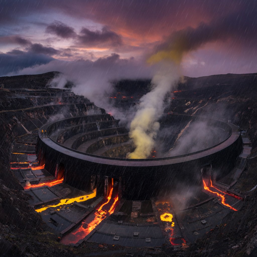 A colossal ring-shaped dam bridges a volcanic caldera, its black stone spillways veined with molten light. Rain veils the terraces as steam rises into a bruised dusk sky. — Grok Imagine Image Quality