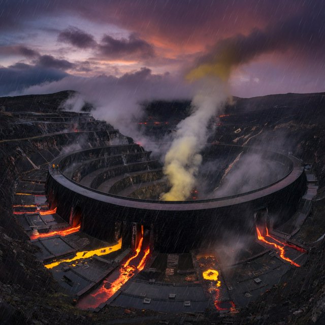 A colossal ring-shaped dam bridges a volcanic caldera, its black stone spillways veined with molten light. Rain veils the terraces as steam rises into a bruised dusk sky. — Grok Imagine Image Quality