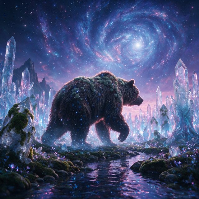 A colossal ancient bear, its fur woven with moss and starlight, stands at the edge of a shimmering, otherworldly forest. The trees are made of crystal and emit a soft, ethereal glow. In the distance, a nebula swirls in the twilight sky. The scene is rendered in a fantasy art style, with surrealist elements and cinematic lighting that emphasizes the majestic scale of nature. — Seedream 5.0 Pro