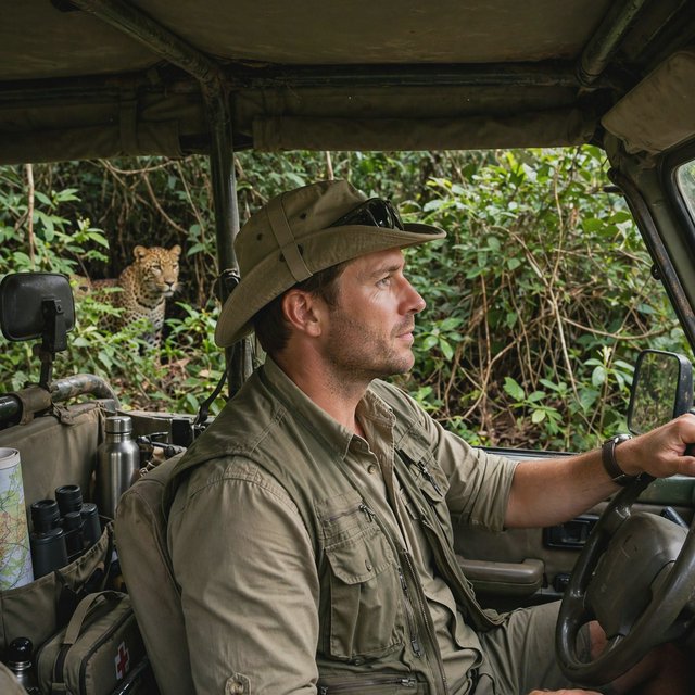 An adult on a jungle safari in his car, with a leopard lurking behind him in the bushes — Muse Image 1.0