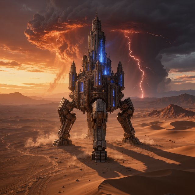 A colossal walking citadel crosses a salt desert, its ironwood legs striding through windblown dunes beneath a copper storm. Blue furnace light leaks from carved windows, casting a long shadow toward distant mountains. — Kling v3 Omni