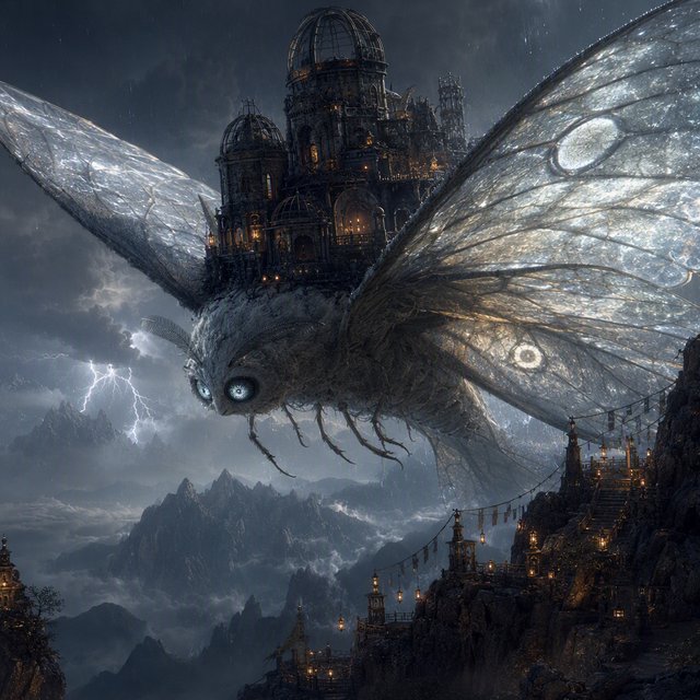 A colossal moon-moth creature glides above a stormy mountain range, its translucent wings glowing with silver veins and carrying a ruined observatory on its back. Lightning silhouettes distant peaks while amber lanterns shimmer through rain and cloud. — GPT Image 2