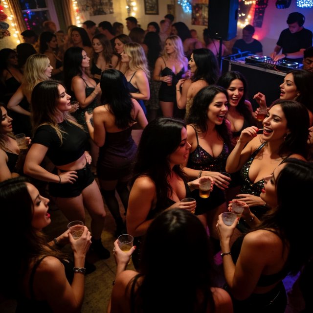 Realistic house party. Mostly adult women wearing clubwear. For every adult man, there are at least three adult women. Many angles. Vibe: very lively and fun. — Krea 2 Medium