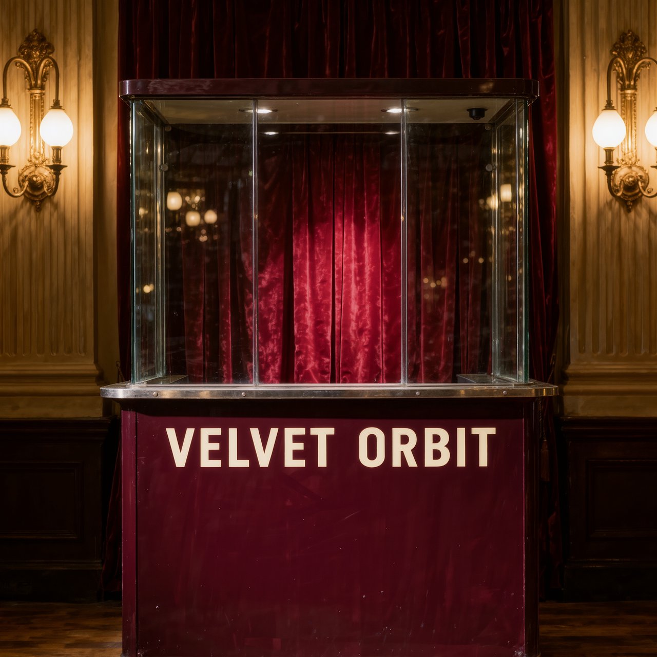 In a restored neighborhood cinema, brass sconces illuminate velvet curtains and a glass ticket booth; "VELVET ORBIT" is painted in ivory block letters across the booth’s burgundy fascia. — Kling v3 Omni