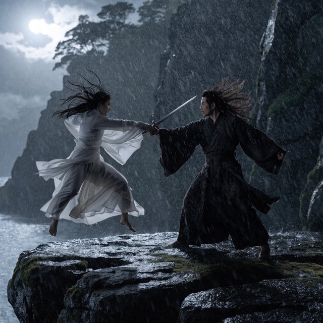 Frontal cinematic shot of two adult martial artists dueling on a cliff at night in ancient China: a female swordswoman in flowing white hanfu is airborne in a dynamic combat pose, thrusting her sword forward, while a male swordsman in traditional Taoist robes firmly parries her attack with his own blade. Moonlit night, wind sweeping their garments and hair, dramatic cliffside setting, tense face-off, elegant wuxia atmosphere, vivid motion, visually striking. — Recraft v4