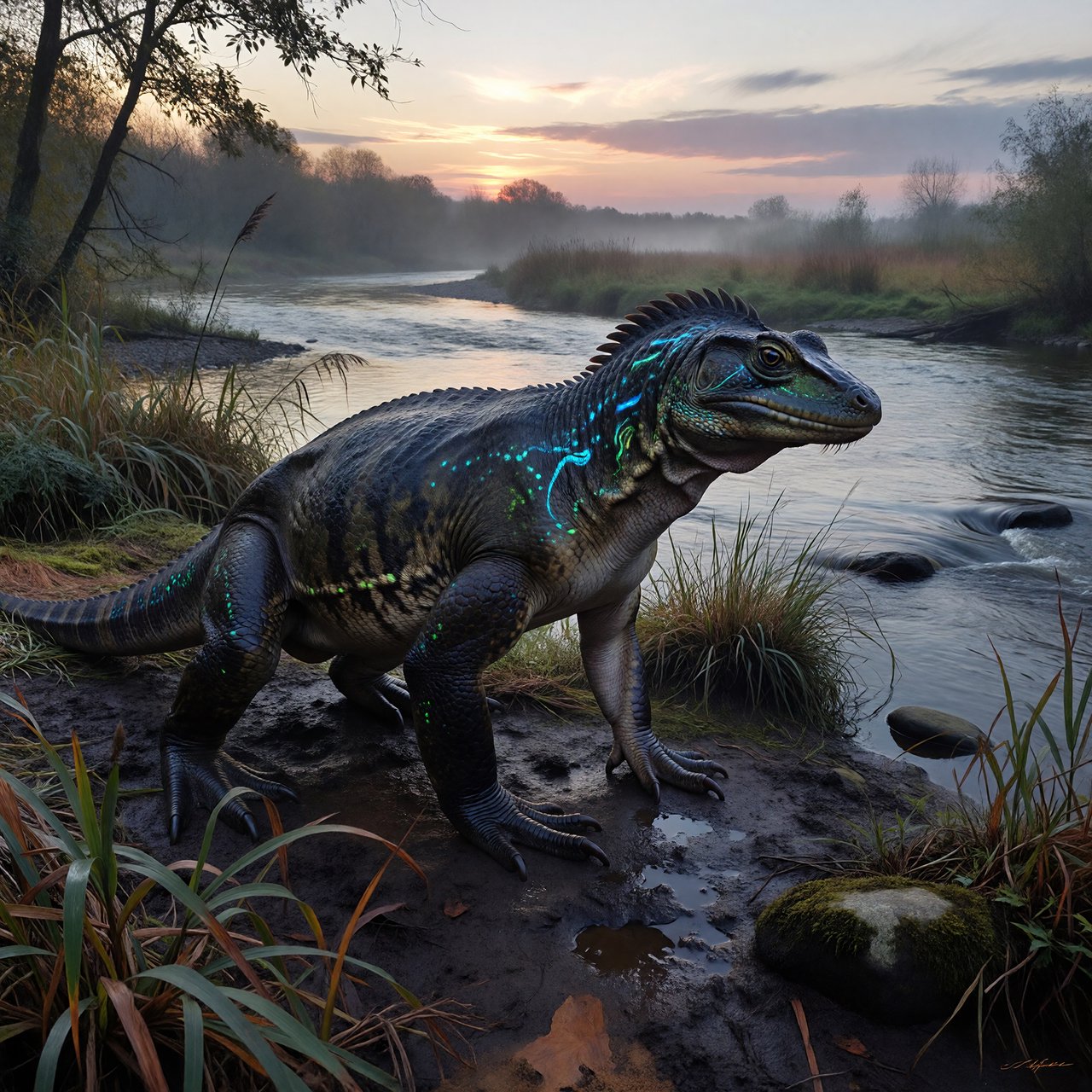 Creature design: a six-legged amphibious grazer with bioluminescent markings, shown on a riverbank, painterly. — ImagineArt 1.5 Pro