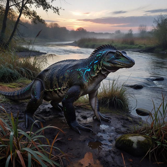 Creature design: a six-legged amphibious grazer with bioluminescent markings, shown on a riverbank, painterly. — ImagineArt 1.5 Pro