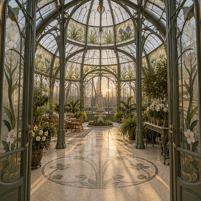 Interior of an Art Nouveau winter garden, curved iron ribs, cream terrazzo floor, hand-painted botanical glass panels, filtered late-afternoon sunlight, viewed from the entrance along the central axis, elegant geometry and believable load-bearing structure. — GPT Image 2.5 Sunburst