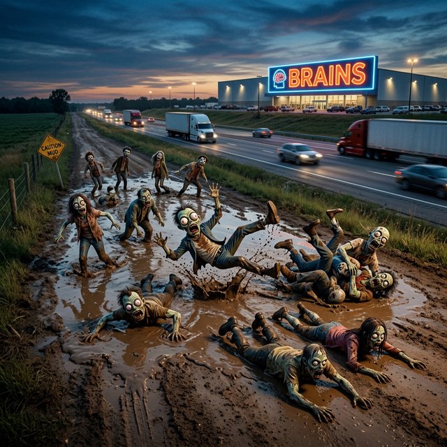 Several weird-looking zombies, some cross-eyed and some wide-eyed, are heading towards a superstore far ahead named "Brains". The superstore is located beside a highway with some trucks driving along it. The zombies are on a rural road connecting to the highway. There are patches of mud in one place on the rural road. The zombies are slipping on the mud and falling—some on their faces, some on their backs, and some on top of other zombies. A couple of fallen zombies are crawling up to the highway, where speeding trucks are passing by. Make it dramatic but funny. — Model 15