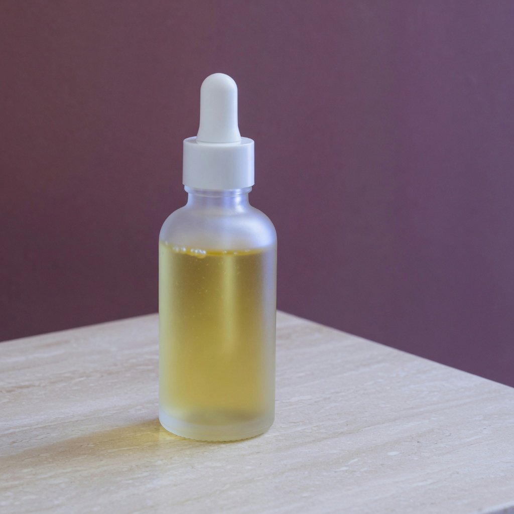 Under a broad diffused key and cool edge light, an unbranded frosted-glass serum bottle displays clear golden oil against a muted plum background, resting on honed pale travertine with its blank surface free of lettering. — Grok Imagine Image Quality